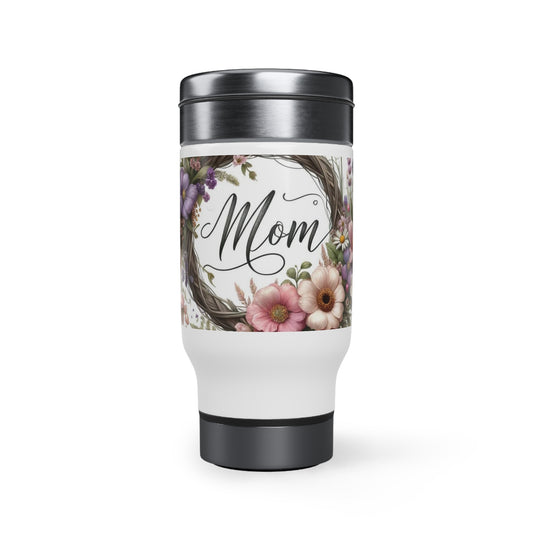 Mom Stainless Steel Travel Mug with Handle, 14oz Flower