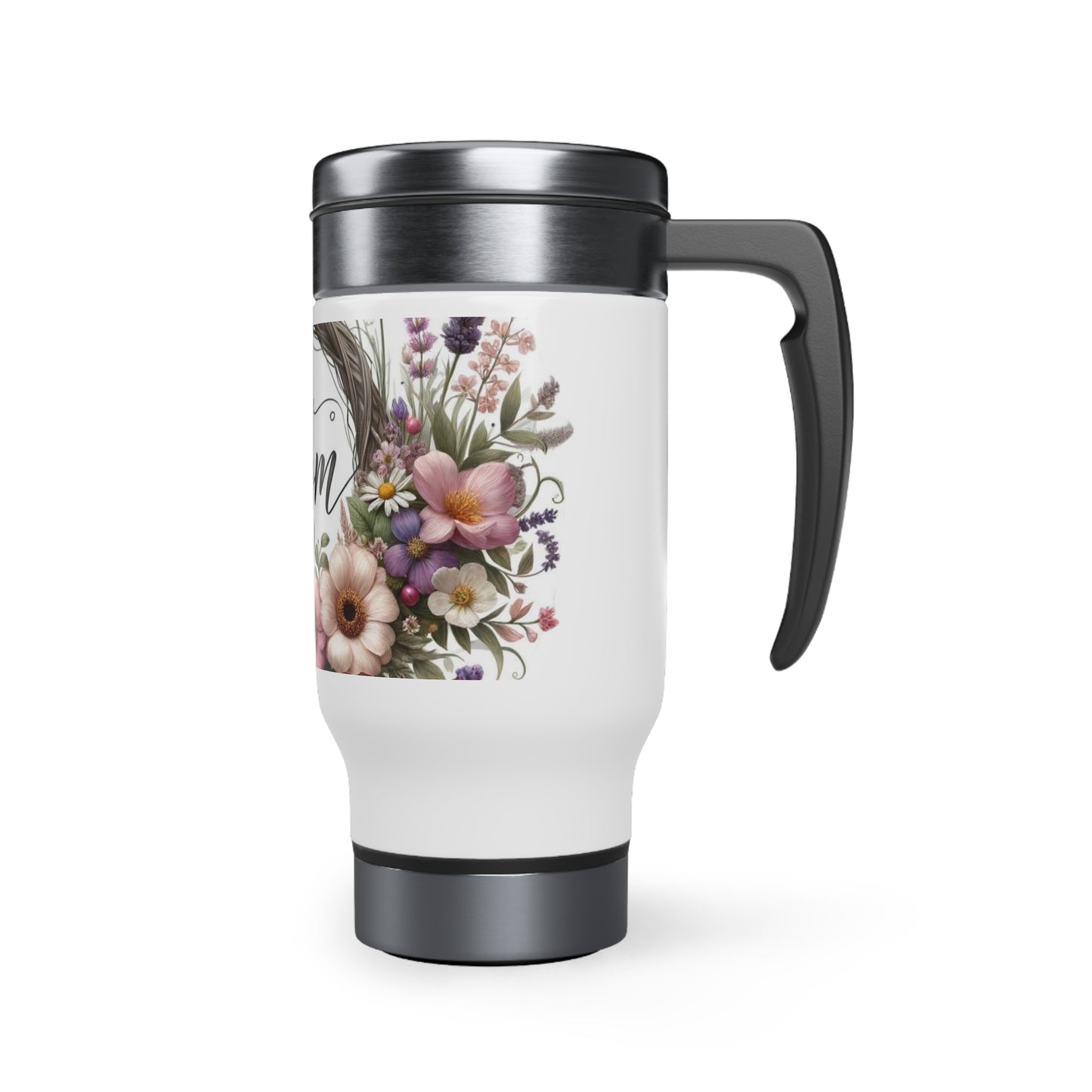 Mom Stainless Steel Travel Mug with Handle, 14oz Flower