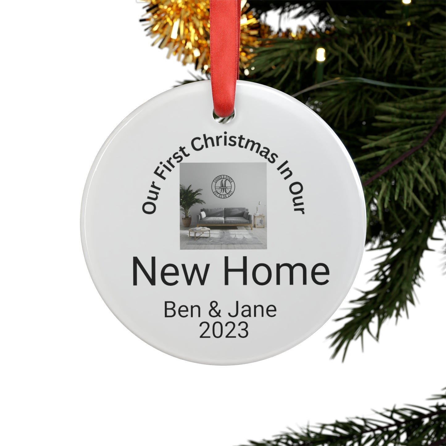 Personalize this First Christmas In Our Home Acrylic Ornament with Ribbon