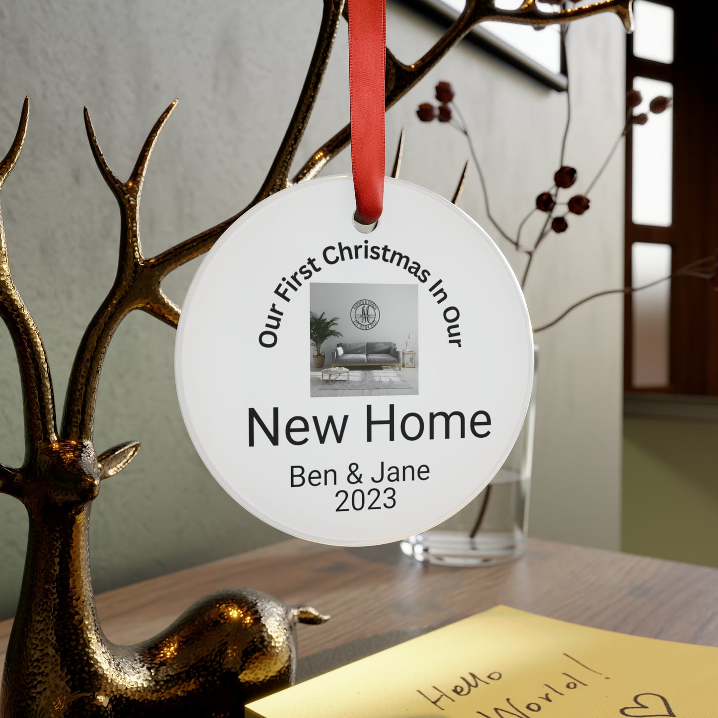 Personalize this First Christmas In Our Home Acrylic Ornament with Ribbon