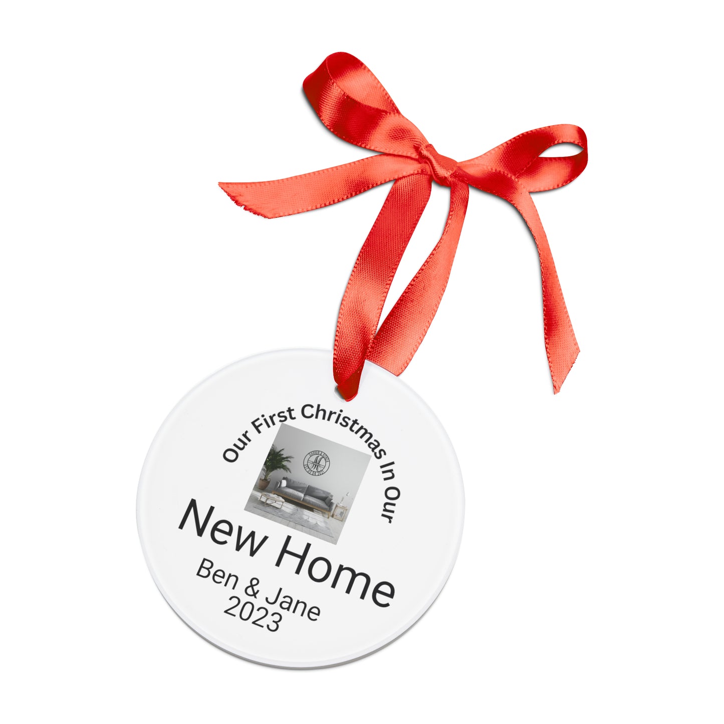 Personalize this First Christmas In Our Home Acrylic Ornament with Ribbon